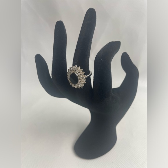 Vintage Panetta Sterling Rhinestone and Glass Onyx Ring Sz 5-1/2 - Picture 2 of 6